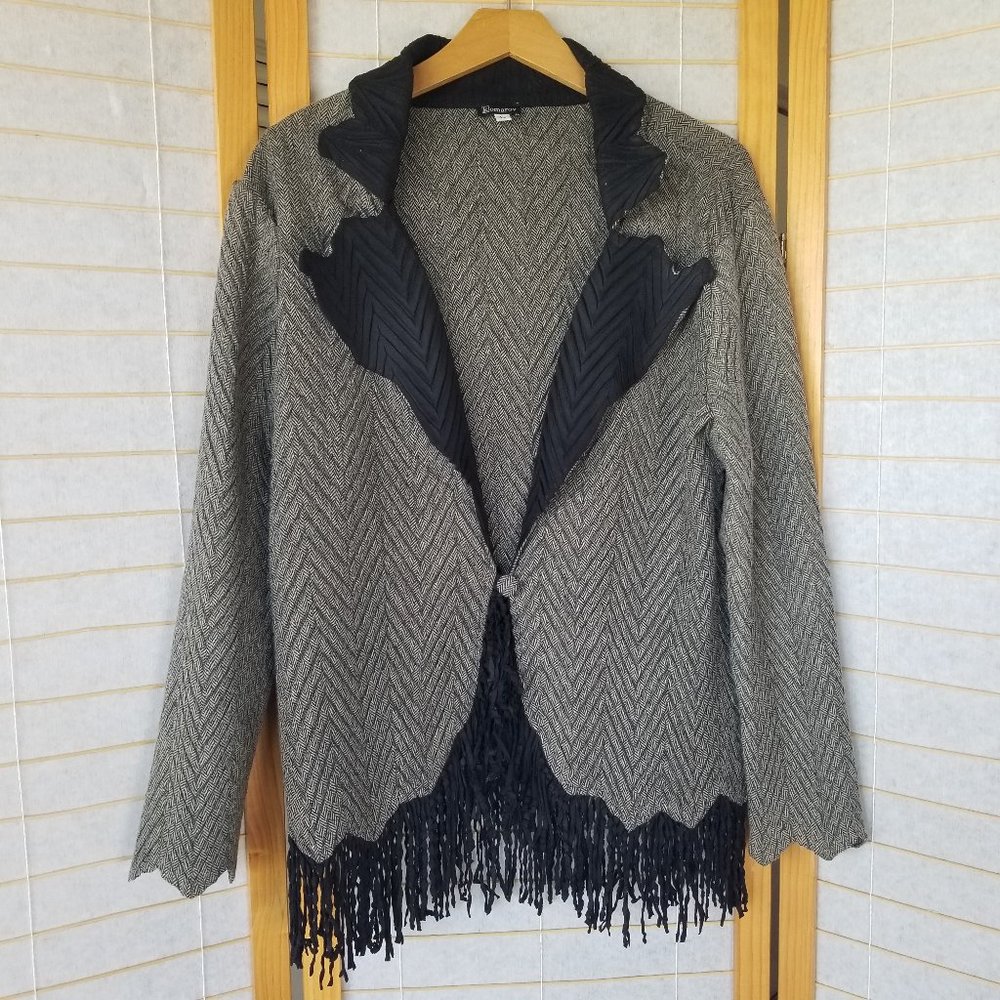 KOMAROV Single Button Fringe Chevron Black Tan Blazer Jacket Big Collar Large